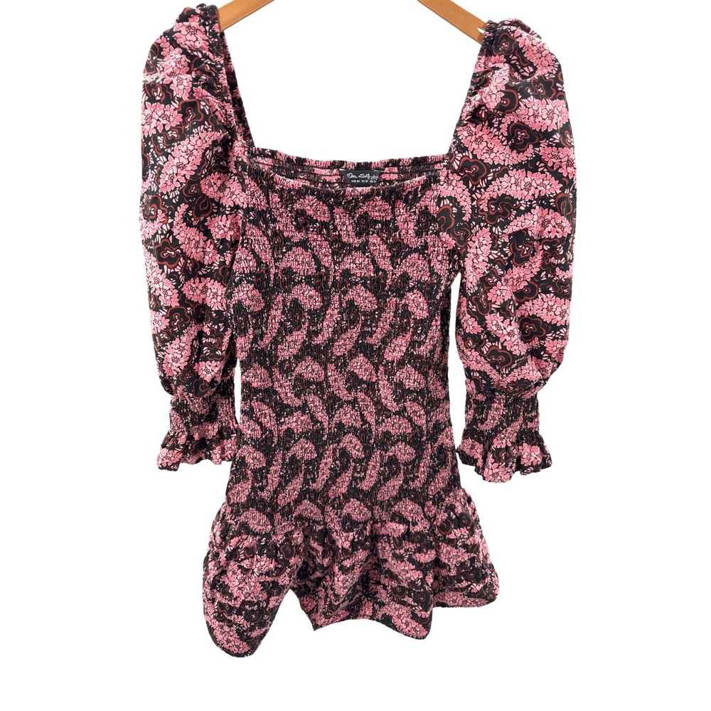 Miss Selfridge Dress US 10 Pink Floral Smocked Square Neck Puff Sleeve Mini